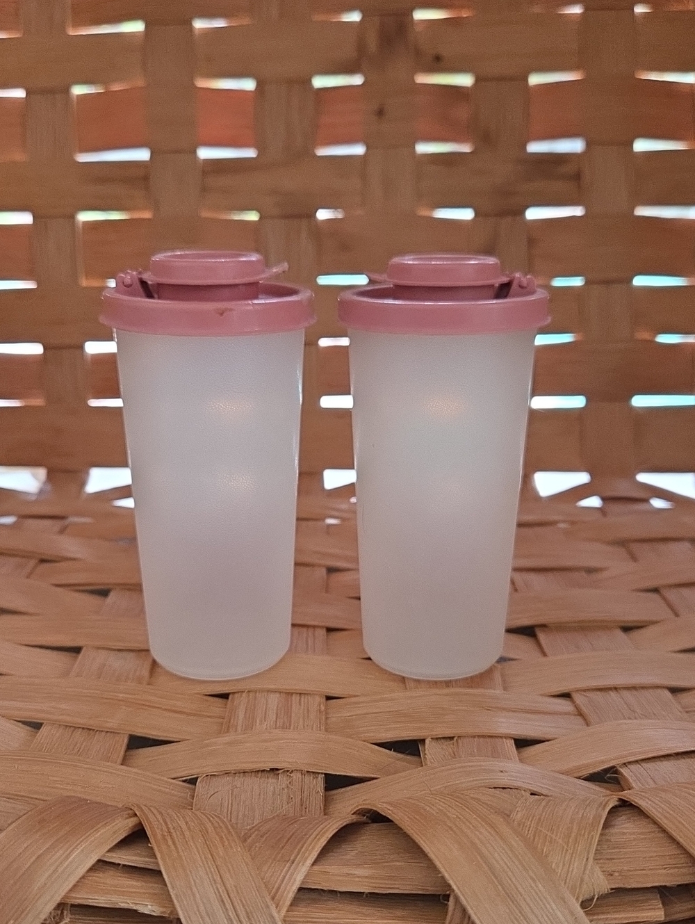 TUPPERWARE SHAKERS, 4.5" HIGH, PINK/ROSE COLOR SNAP-ON SHAKER LIDS WITH COVERS